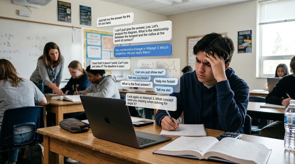 Khan Academy, organisasi pendidikan nirlaba asal Amerika Serikat, meluncurkan Khanmigo pada Maret 2023. Berbeda dari chatbot biasa, tutor berbasis GPT-4 ini dirancang dengan metode Sokratik: ia membimbing siswa lewat pertanyaan dan dibatasi agar tidak sekadar memberikan jawaban. Ini adalah upaya paling terkenal untuk mendesain AI yang memaksa manusia tetap berpikir.